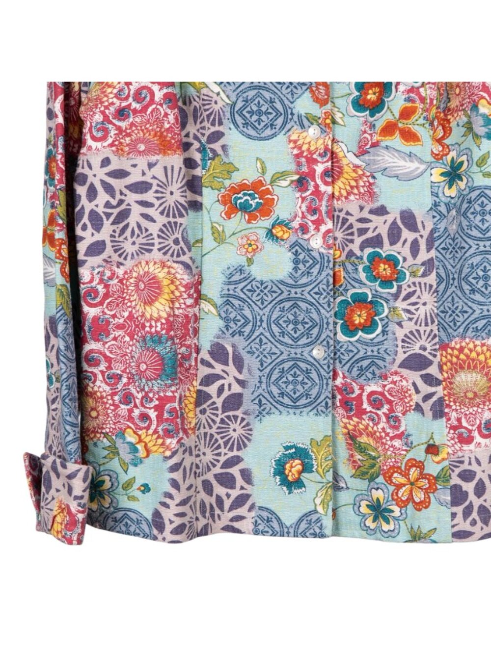 Patchwork Floral Jacket L Womens Pastel Denim Long Blue Boho Hippie Multicolor - Picture 3 of 6